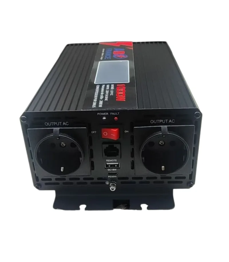 Convertisseur pur sinus ABE France 1000W 12V, face avant avec 2 prises 230V et écran LCD
