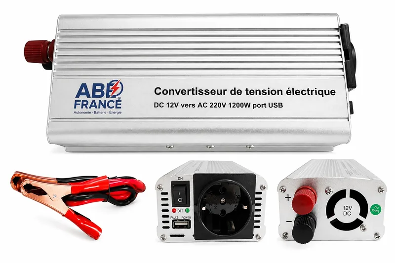 Convertisseur 1200W ABE SM-1200 avec pinces crocodiles, prise 220V norme CE et port USB